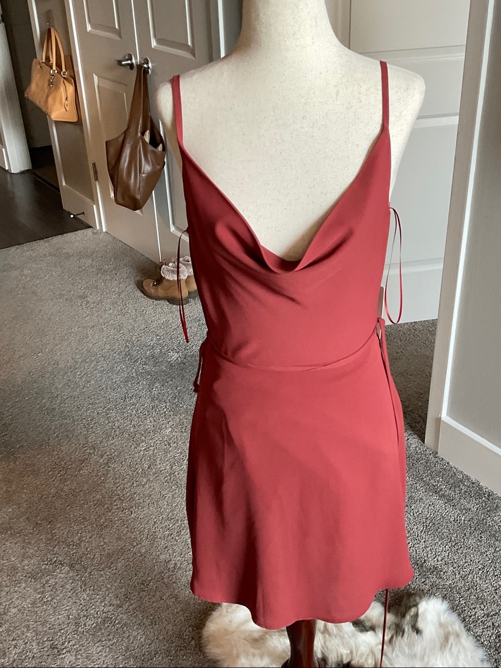 Elegant Cowl Neck Slip Dress in Brick Red